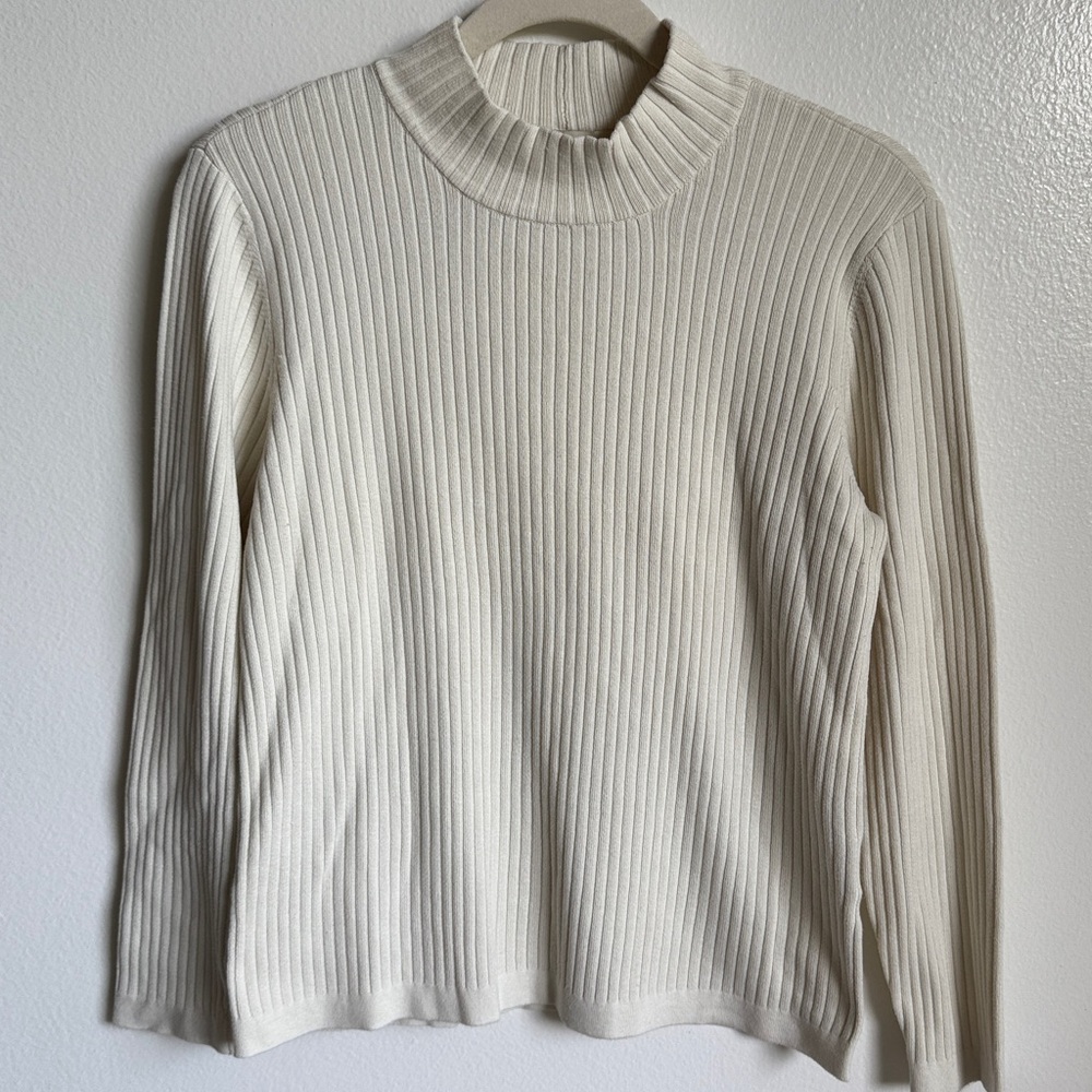 Appleseed's Cream White Ribbed Long Sleeve Sweater Top, Silk Blend Petite Medium